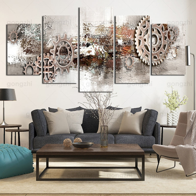 5 uds diseño abstracto sentido Metal engranaje Industrial tubo moderno hogar Mural sala de estar decoración sin marco lienzo impresión cartel