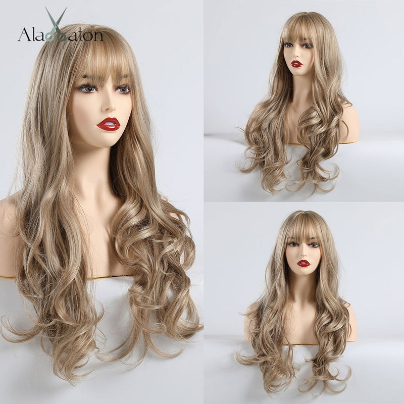 ALAN EATON Long Ombre Black Brown Blonde Wigs with Bangs Heat Resistant Synthetic Wave Wigs for Women African American Cosplay