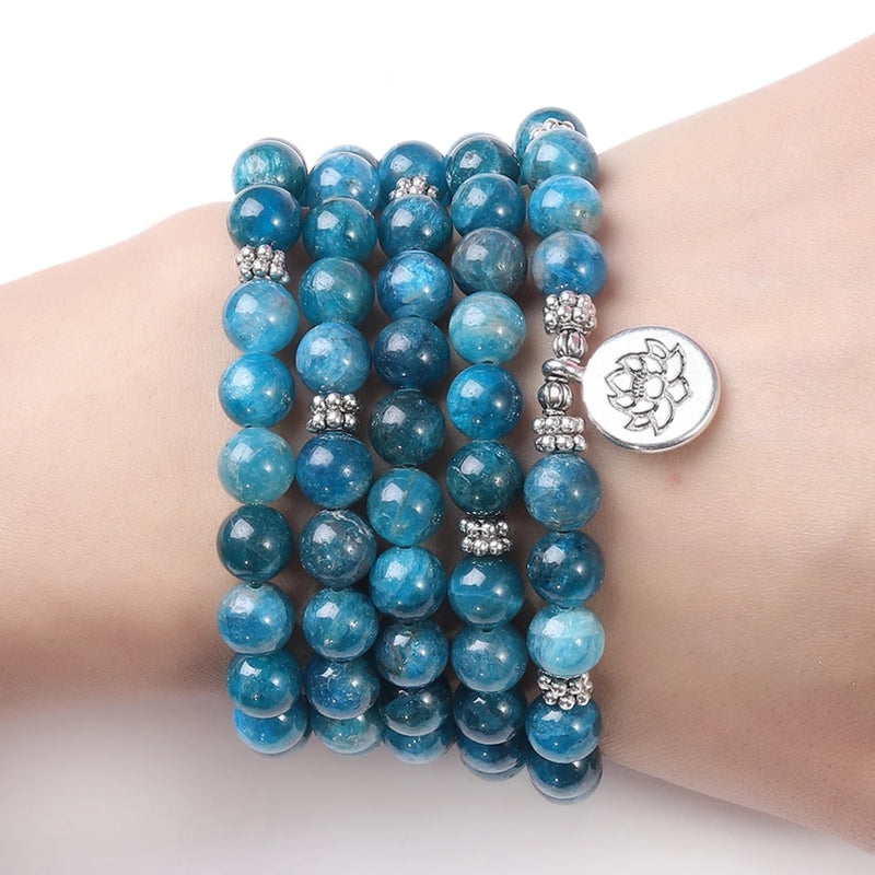 Naturstein Damen Herren 108 Mala Apatit mit Lotus OM Buddha Charm Yoga Armband oder Halskette Naturschmuck