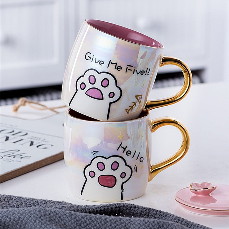 Cartoon Ceramics Cat Mug With Lid and Spoon Coffee Milk Mugs Cute Creative Breakfast Cup Valentine&