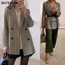 Büro Damen Kerbkragen Plaid Frauen Blazer Zweireiher Herbst Jacke 2021 Casual Taschen Weibliche Anzüge Mantel