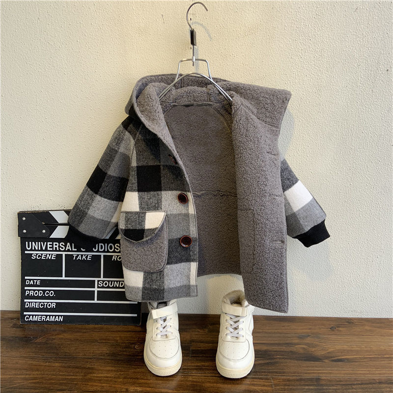 2-8Years Children Clothes Wool Coat For Boys Autumn Winter Plus Velvet Thicken Hooded Jacket For Boy Windbreaker Kids Overcoat