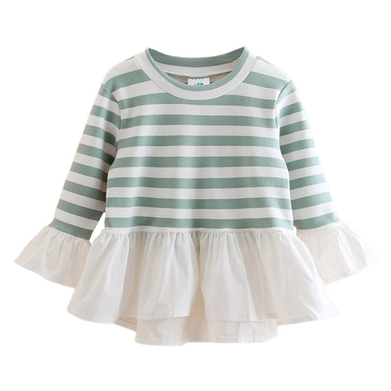 2021 Spring Fashion 2-10 Years Kids Child Tees Tops O-Neck Long Sleeve Stripe Lace Patchwork Cotton Autumn Baby Girls T-Shirts