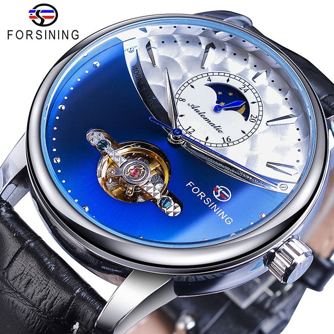 Forsining Moon Phase Automatic Watch Royal Men Golden Waterproof Mechanical Wristwatch Casual Genuine Leather Tourbillon Clock