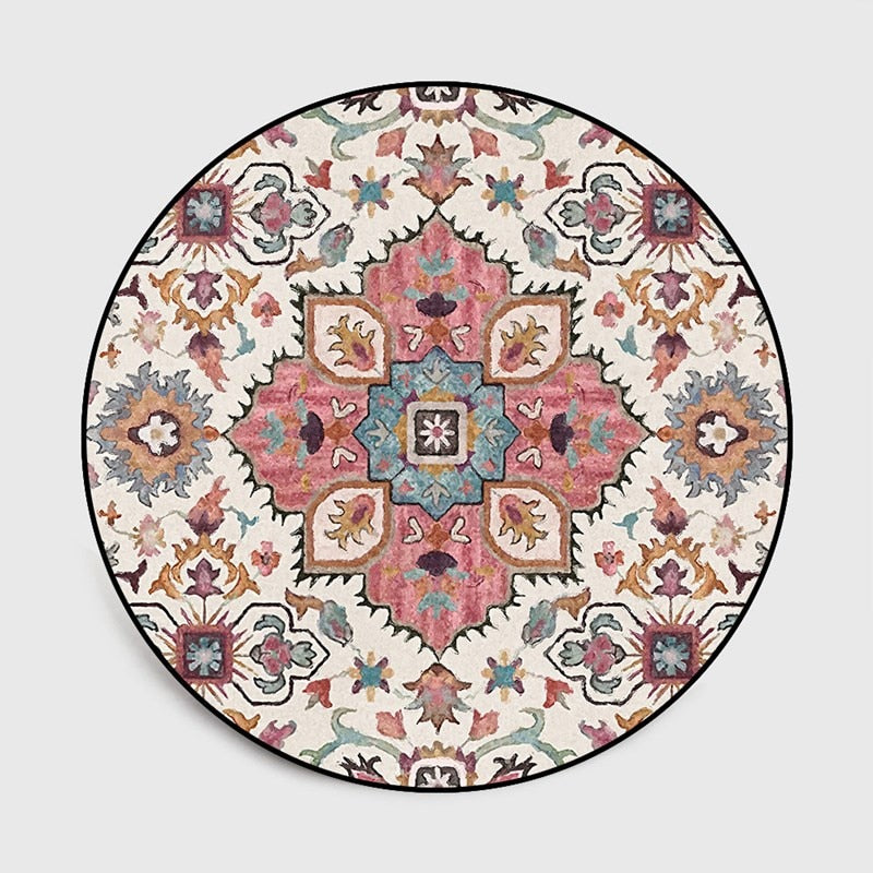 Teppich im indischen Ethno-Stil für Wohnzimmer, Blumenmuster, runder Teppich, runde Matte für Zimmer, kann maschinell gewaschen werden