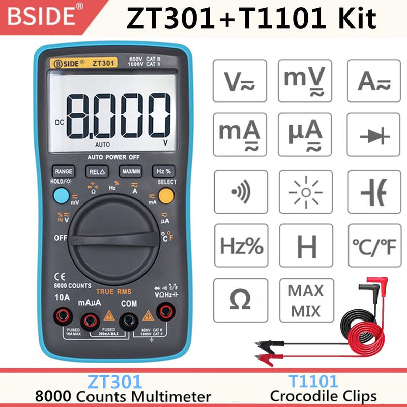 BSIDE ZT-X Echteffektiv-Digitalmultimeter 3-zeiliges Dreifach-Display 9999 Zählwerte AC/DC-Spannung Temperatur-Kapazitäts-Tester DMM ZT301