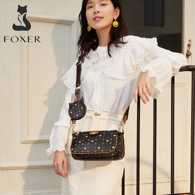 FOXER Women 3 in 1 Set Luxury Signature Printing Crossbody Bag with Coin Purse PVC Leather Monogram Bags Fashion Shoulder Bag