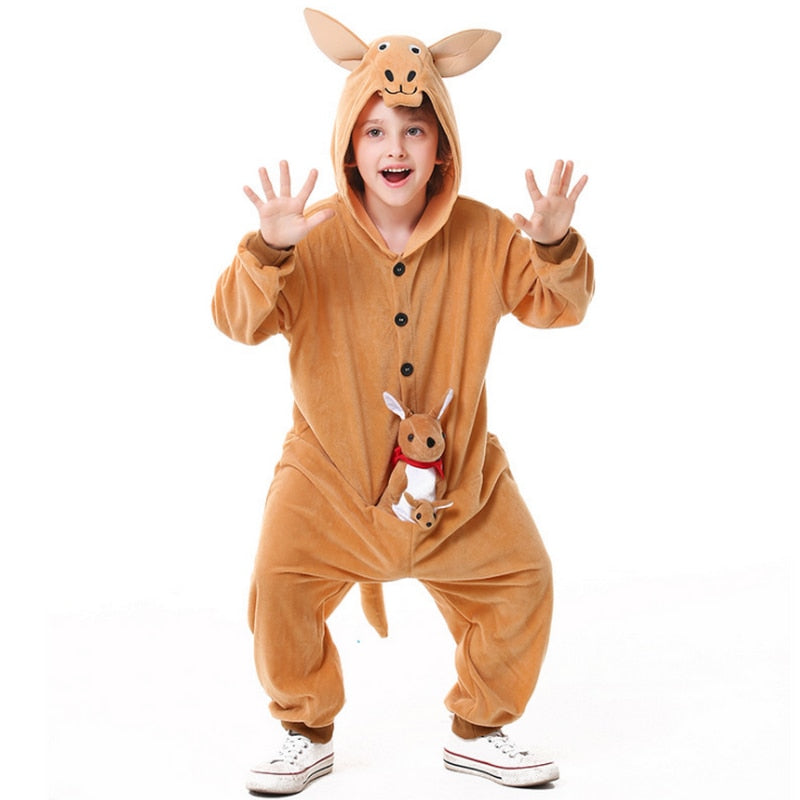 Children Cute Cartoon Jumpsuit Girls Boy Halloween Animal Kangaroo Hooded Costume And Kangaroo Figurine Set