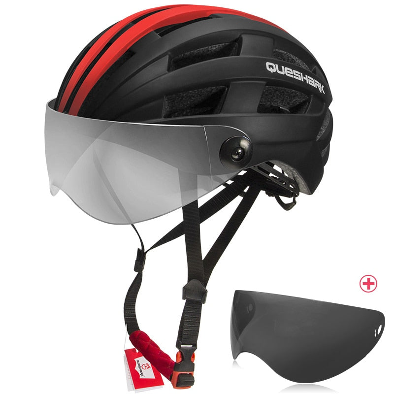 QUESHARK, casco de ciclismo ultraligero para hombres y mujeres, bicicleta de montaña, bicicleta de carretera, motocicleta, lente transparente extraíble, tapa segura QE116