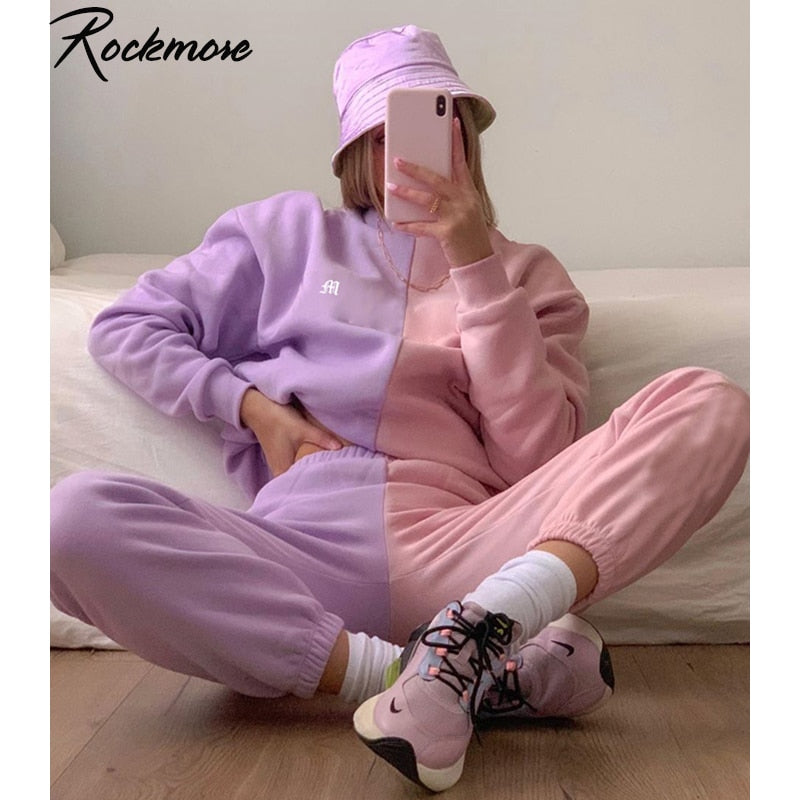Rockmore Patchwork Zweiteiler Damen Outfits Trainingshose Langarm Sweatshirts Streetwear 2 Stück Sets