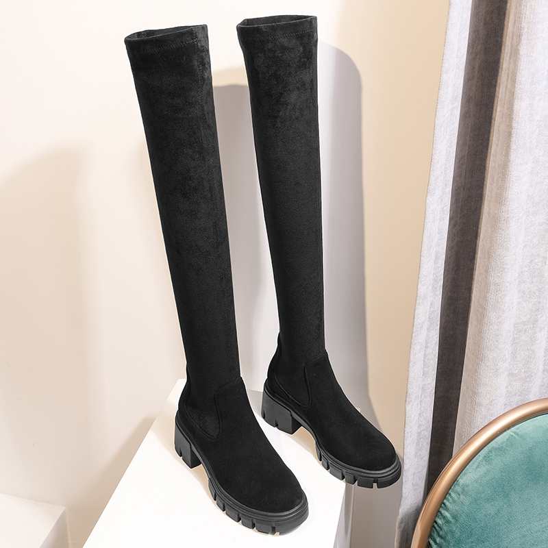 Krazing Pot Big Size Cow Leather Stretch Over-the-knee Boots Platform Round Toe High Heels Winter Women Warm Thigh High Boots