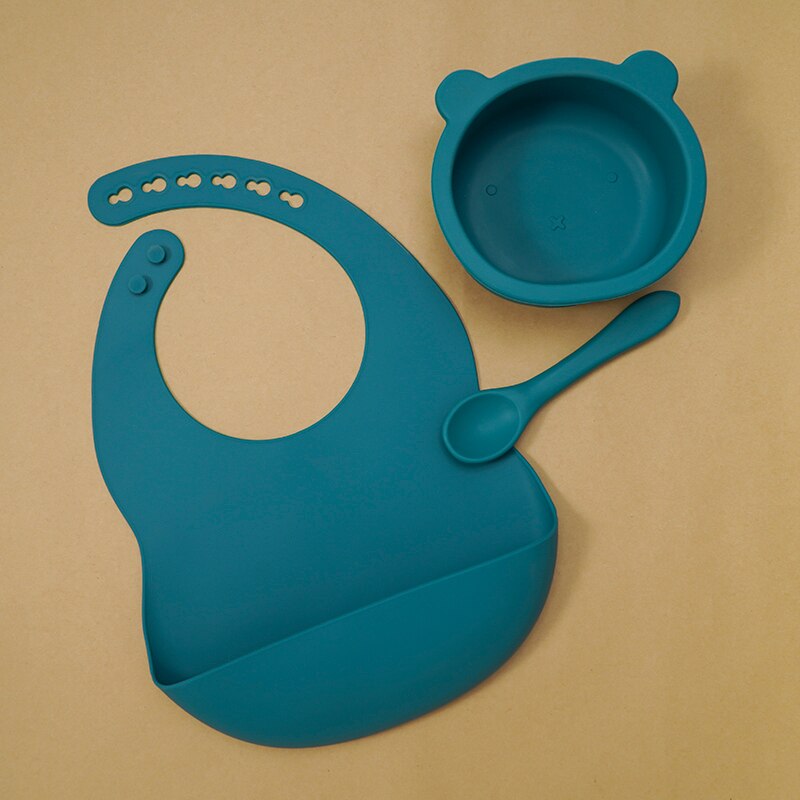 Vajilla de silicona para bebé sin BPA, babero impermeable, toalla Flexible para Saliva, cuenco y cuchara con ventosa de Color sólido para niños