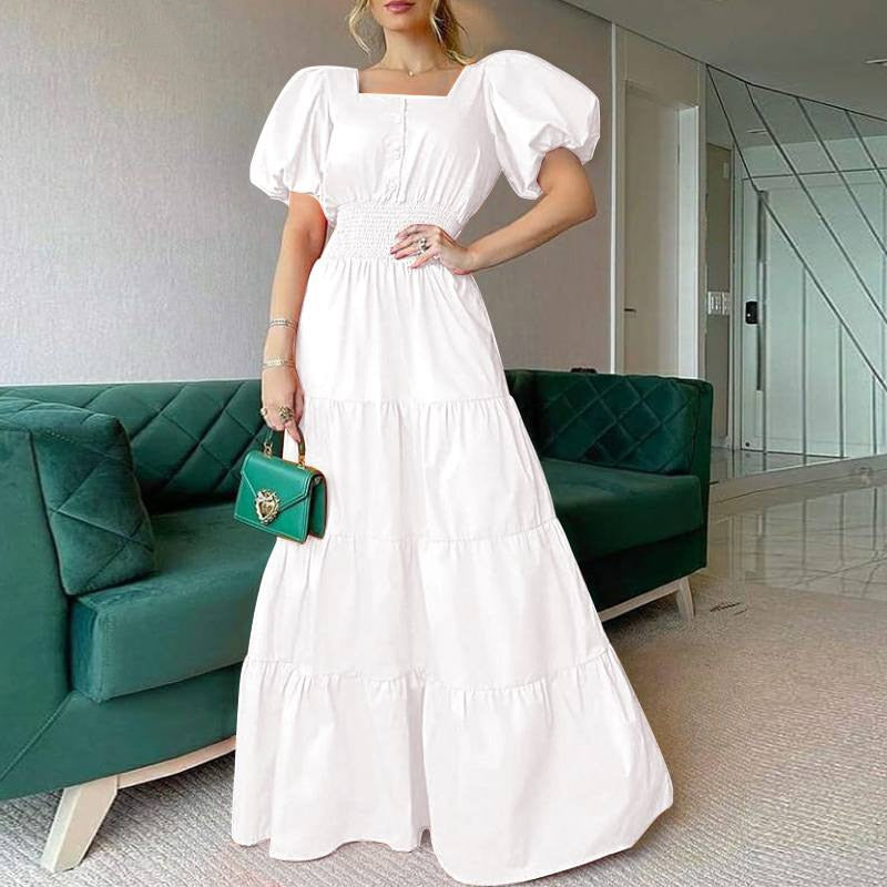 Summer Puff Shoulder Sexy Party Dress Spring Solid Button Long Shirt Dress Women Elegant Turn-down Collar Office Lady Maxi Dress