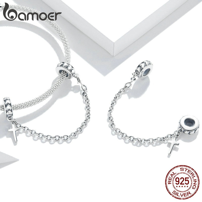 bamoer 925 Sterling Silver Simple Cross Safety Chain Charm for Original Silver Bracelet Charms with Silicone Stopper BSC362
