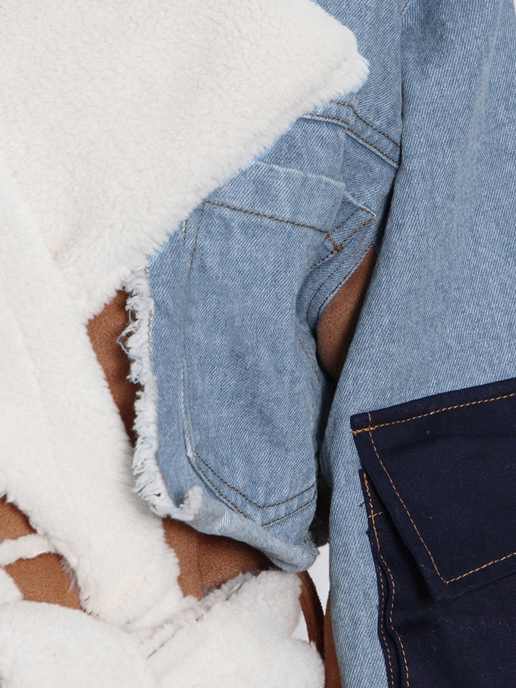 TWOTWINSTYLE Casual Patchwork Taschen Colorblock Jacken Für Frauen Revers Lose Langarm Weibliche 2022 Winter Mode Kleidung
