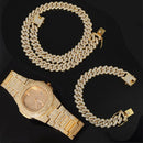 Necklace +Watch+Bracelet Hip Hop Miami Curb Cuban Chain Gold Color Iced Out Paved Rhinestones CZ Bling Rapper For Men Jewelry