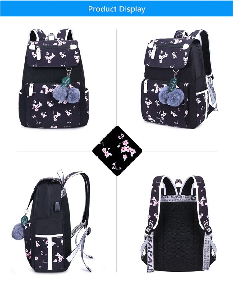 OKKID Schultaschen für Mädchen weiblicher Laptop-Rucksack USB-Rucksack Kinderrucksäcke süße Katze Schulrucksack für Mädchen Taschenpack