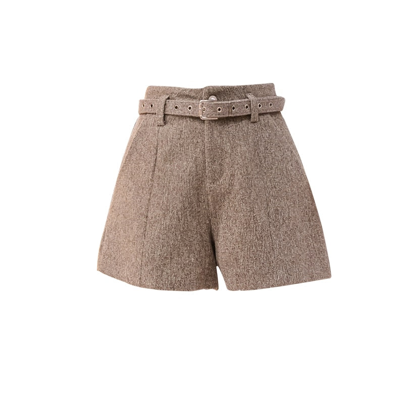 Neue Herbst-Winter-hohe Taillen-Wollshorts mit weitem Bein, Khaki, Grau, Schwarz, Oberbekleidung, warme Shorts mit Gürtel, A-Linie, kurze Femme