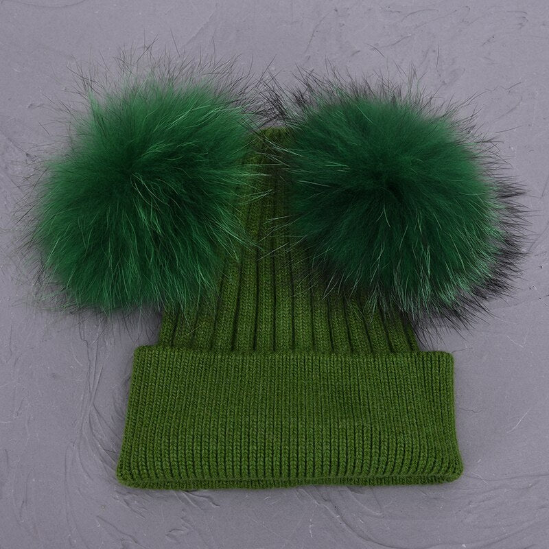 Double Real Raccoon Fur Pompom Hat Women Winter Caps Knitted Wool Hats Skullies Beanies Girls Female Two Fur Pom Pom Beanie Hat