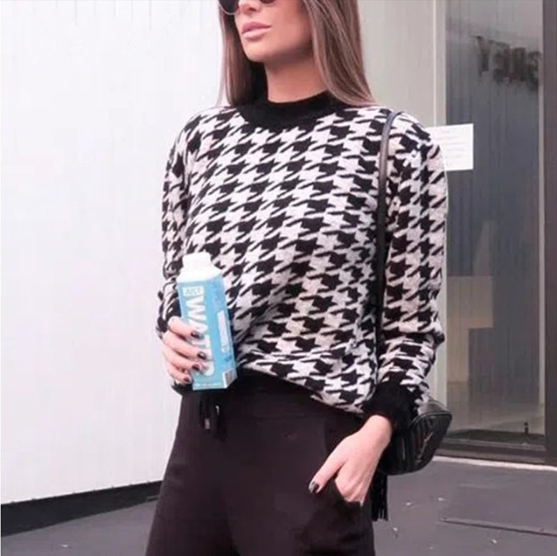 2022 Geometrische Khaki Strickpullover Frauen Casual Houndstooth Pullover Pullover Weibliche Herbst Winter Retro Jumper Top Kleidung