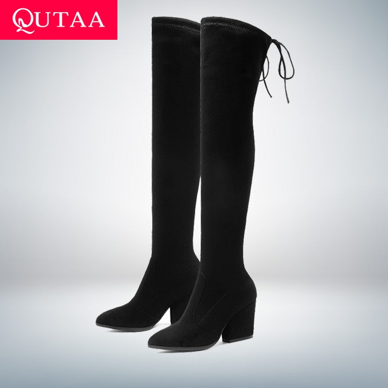 QUTAA 2021, zapatos de mujer, botas por encima de la rodilla, puntiagudos, zapatos de Otoño Invierno para mujer, tacones con pezuña, botas aterciopeladas para mujer, talla 34-43