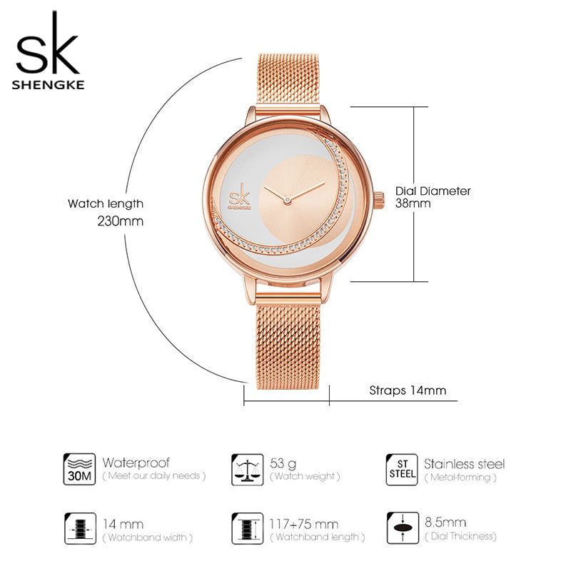 Reloj de cristal Shengke para mujer, relojes de vestir de marca de lujo para mujer, relojes de pulsera de cuarzo de diseño Original, reloj creativo para mujer