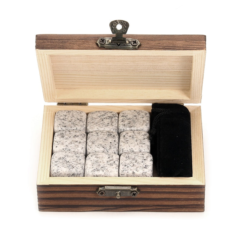 Whiskey Stones Set - 9 Granite Whiskey Rocks / Wooden Box / Velvet Bag / Reusable Cooling Ice Cubes