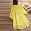 2022 ZANZEA, Tops de algodón, blusa elegante para mujer, camisa de manga larga con cuello de pico, camisas informales de encaje de otoño, Blusas bordadas Vintage