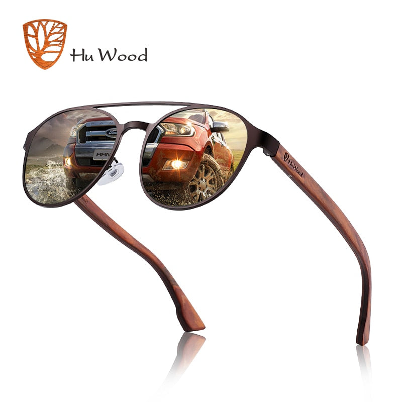 HU Holz Polarisierte Sonnenbrille Holz Federscharnier Edelstahlrahmen Damen Sonnenbrille für Herren Linse UV400 Schutz GR8041