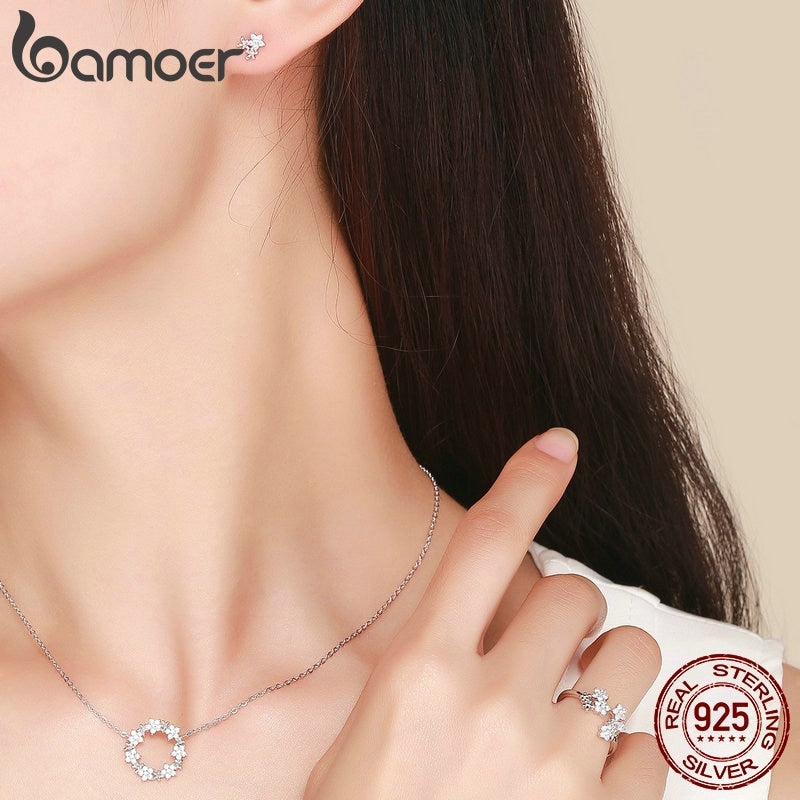 BAMOER 925 Sterling Silver Jewelry Sets Clear Cubic Zircon Shining Star Necklace Women Ring Jewelry Set Luxury Jewelry ZHS097