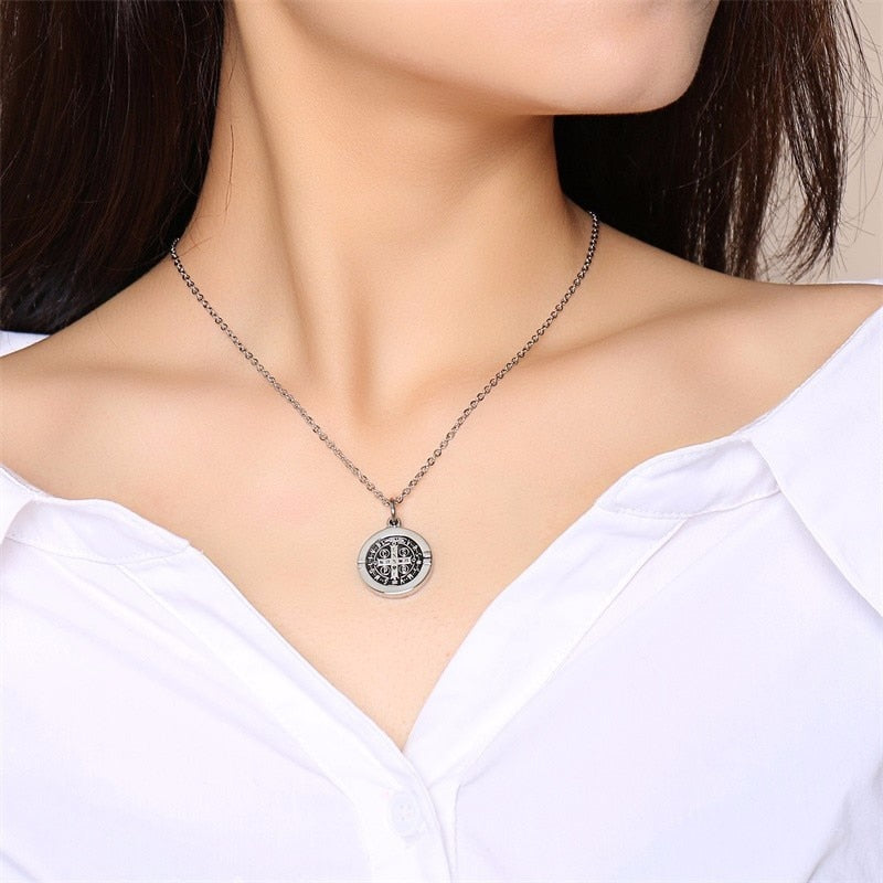 Vnox St Benedict Exorcism Pendant Necklace for Women Men Stainless Steel Catholic Roman Cross Demon Protection Ghost Hunter