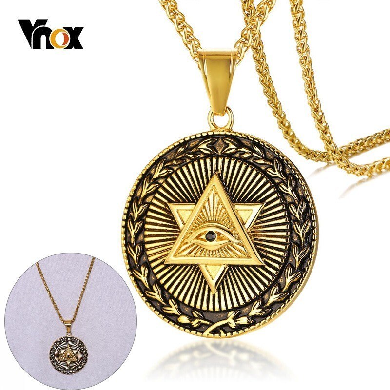 Vnox Antique Men Neckalces Triangle Eye of Providence Illuminati Pyramid All Seeing Eye Stainless Steel Pendants  Punk Jewelry