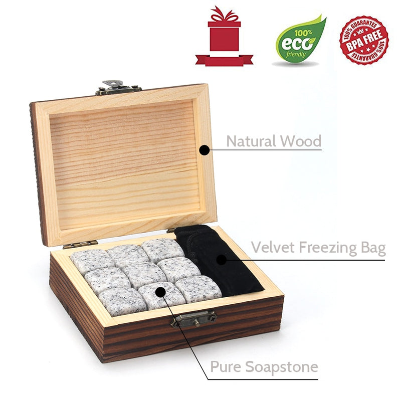 Whiskey Stones Set - 9 Granite Whiskey Rocks / Wooden Box / Velvet Bag / Reusable Cooling Ice Cubes