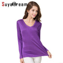 SuyaDream Damen T-Shirt Naturseide Lange Ärmel V-Ausschnitt Solides Basic Shirt Rosa Blau Lila Bottoming Top