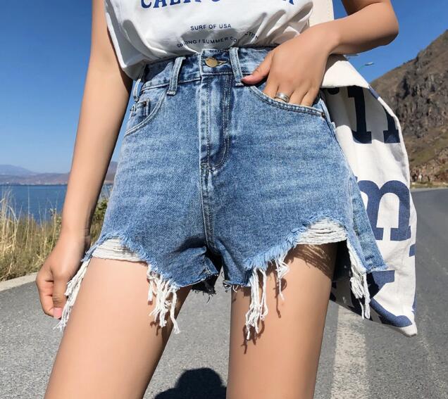 Streetwear Denim Shorts für Frauen 2022 Sommer hohe Taille zerrissene coole blaue und schwarze Shorts mit Quastentaschen Mini Short Jeans