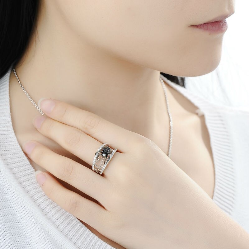 SANTUZZA Ring aus echtem 925er Sterlingsilber für Frauen, einzigartige Ringe, zarter schwarzer Spinnenring, modischer Party-Modeschmuck