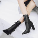 Neue Damen Stiefel Leder Stiefeletten Fashion Lace Up Square High Heels Stiefel Herbst Winter Plus Size Schuhe 2019