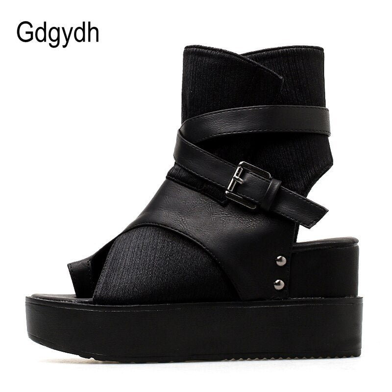 Gdgydh Schwarze Frauen Stiefeletten Frühling Herbst Peep Toe Flache Ferse Stiefel Für Weibliche Schnalle Plattform Keile Schuhe Sommer Bequem