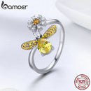 BAMOER 100% auténtica Plata de Ley 925 abeja de moda con flor de Margarita anillo de dedo de tamaño abierto para mujer joyería de fiesta SCR348