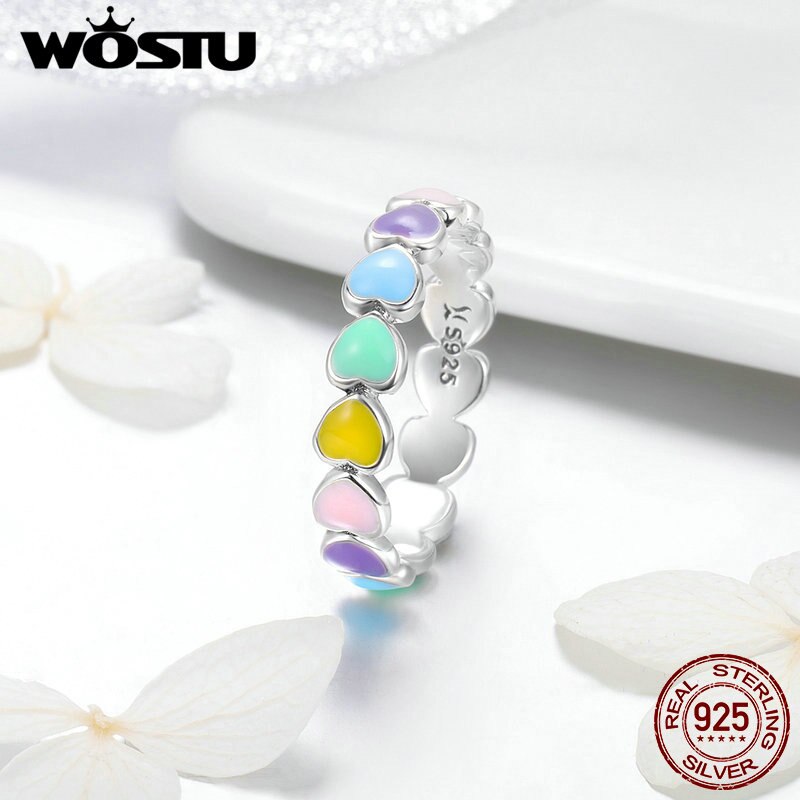 WOSTU Hot Sale 925 Sterling Silver Multi-Color Rainbow Heart Finger Rings For Women Fashion Anniversary Ring Jewelry Gift CQR444