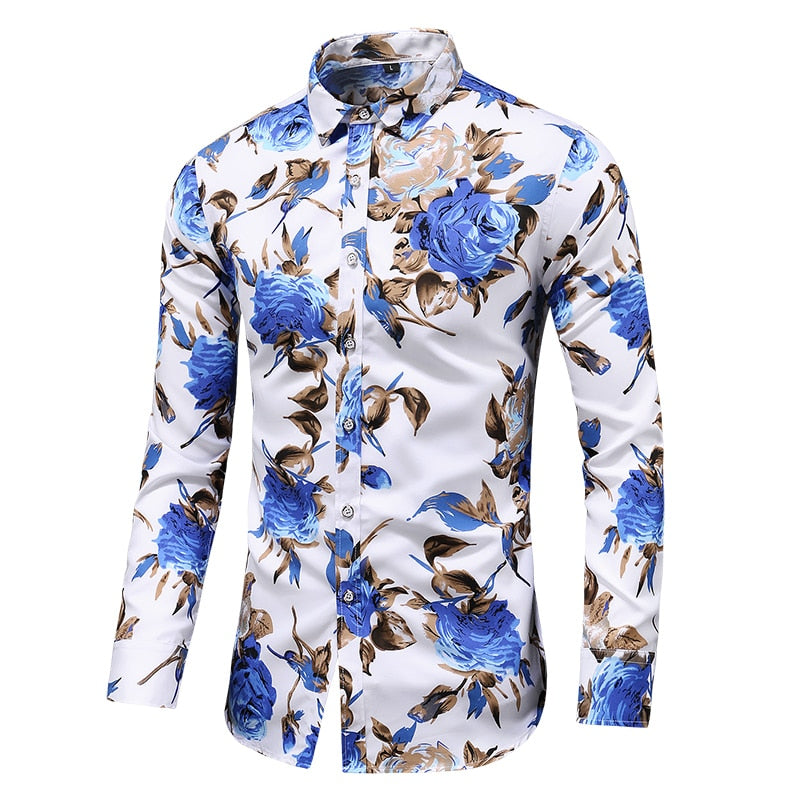 2022 Autumn Men Slim Floral Print Long Sleeve Shirts Fashion Brand Party Holiday Casual Dress Flower Shirt Homme Plus Size 7XL