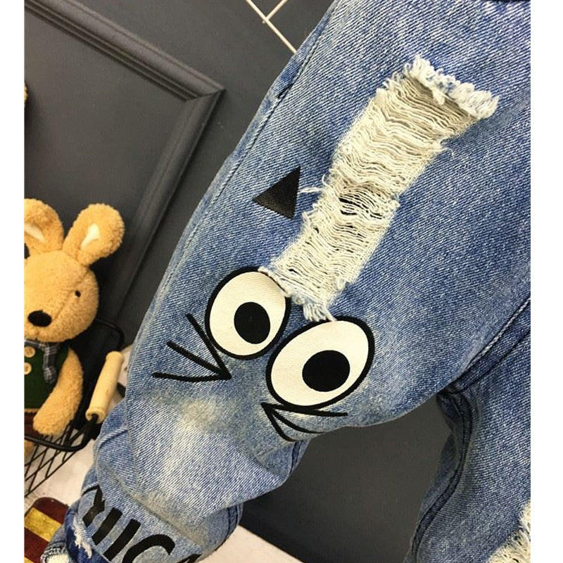 New Girls Jeans Spring Autumn Children Trousers 1-7Yrs Baby Boys Girls Jeans Boys Casual Hole Pants Cartoon Cat Jeans Kids Pants