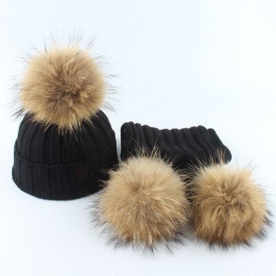 Children Real Fur Pompom Beanie Warm Knitted Hat and Scarf Set Boys Girls Winter Baby Cap