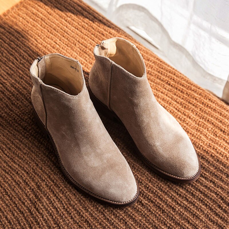 BeauToday Ankle Boots Women Top Quality Cow Suede Zip Autumn Fashion Lady Genuine Leather Shoes Flat Heel Handmade 03274