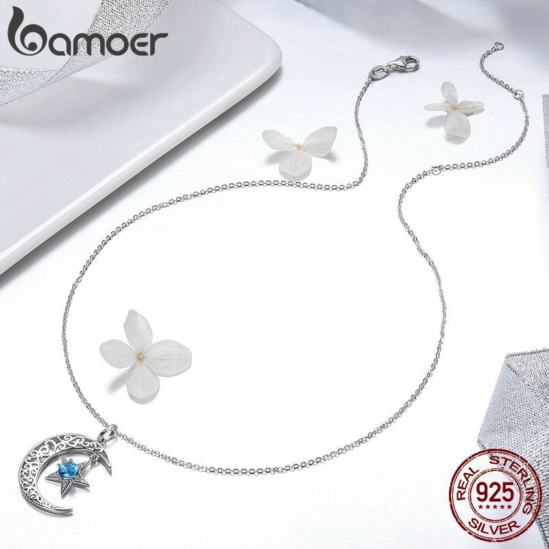 BAMOER Romantic 925 Sterling Silber Funkelnder Mond und Stern Halsketten Anhänger für Frauen Mode Halskette Schmuck Geschenk SCN278