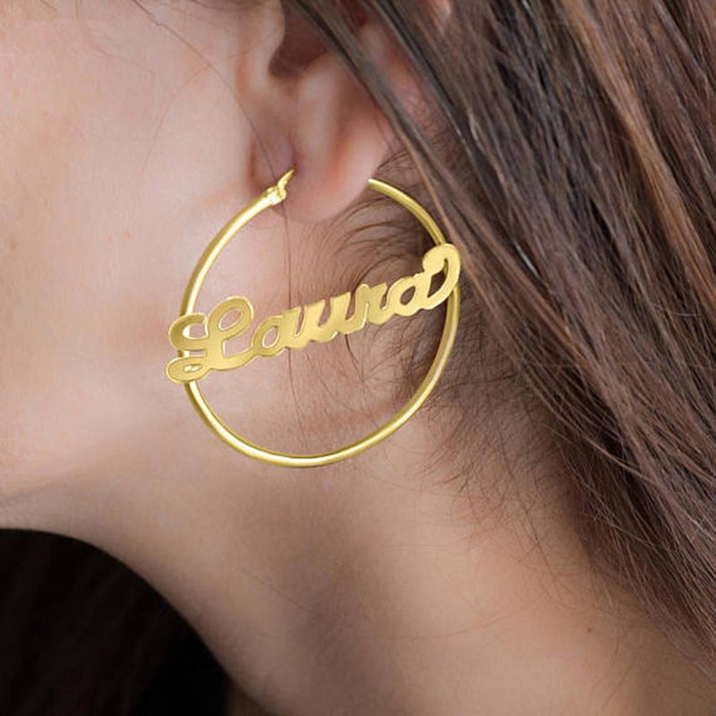 1 Pair Custom Name Earrings Personalized Big Nameplate Handmade Hoop Earring Stainless Steel Round Geometry Jewelry Girls Gifts