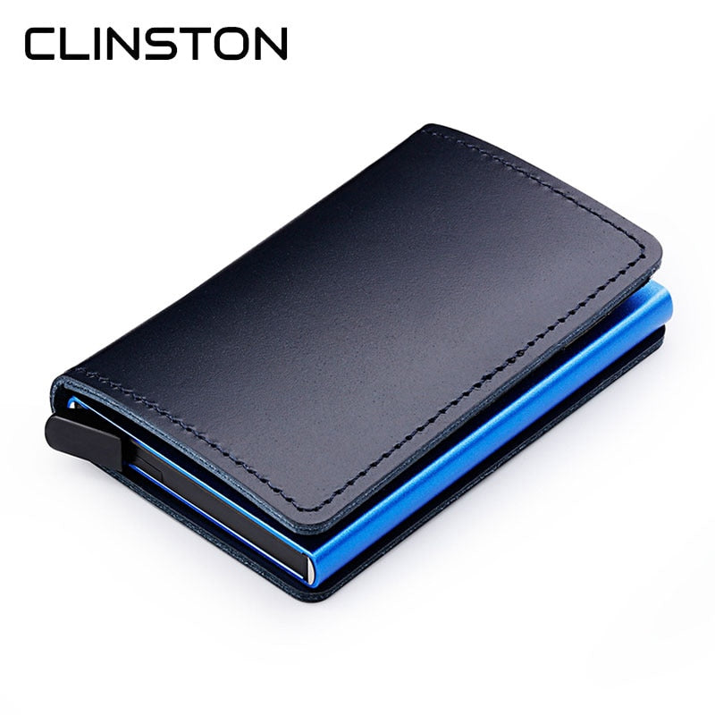 RFID Protected 100% Genuine Leather Card Holder Men Aluminum Metal Business Slim ID Credit Cardholder Mini Wallet（send 12）