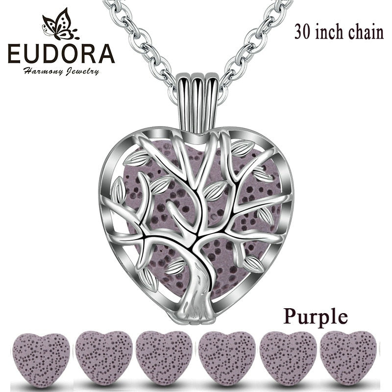 Eudora 20mm Lava Necklace Pendant Heart Volcanic Stone Tree of life Cage Pendant Necklace For DIY Essential Oil Perfume KFC10N20