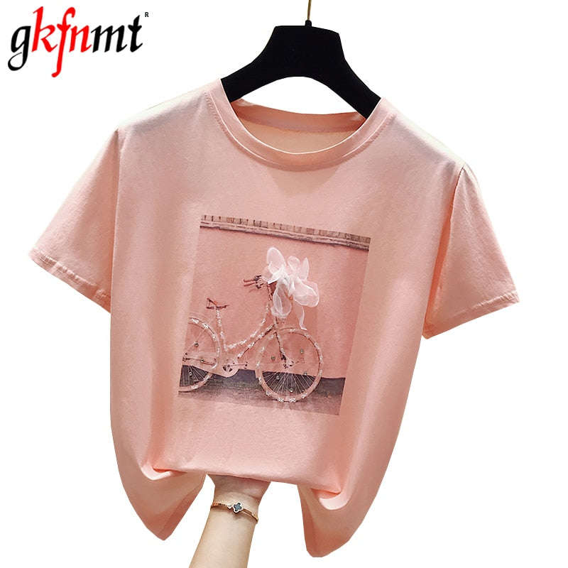 gkfnmt 2021 Art und Weise kühles Druck-weibliches Sommer-T-Shirt weiße Baumwollfrauen-T-Shirts beiläufiges Harajuku-T-Shirt Femme-Rosa-loses Oberteil