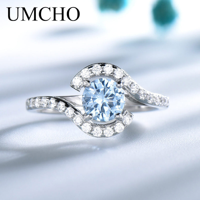 UMCHO Real 925 anillos de plata esterlina para mujer clásico redondo creado cielo azul topacio piedra preciosa boda regalo de San Valentín joyería